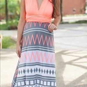 Coral & Grey Aztec wrap maxi skirt